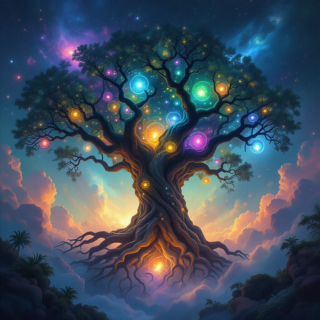 Cosmic Tree with Celestial Fruits and Ethereal Creatures