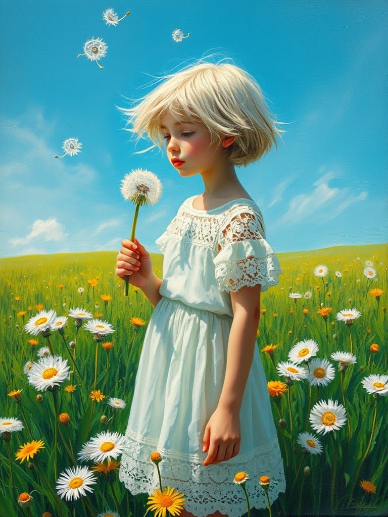 Fantasy matte painting, Portrait of a disintegrated windswept girl with short uneven white hair, holding a dandelion in ...