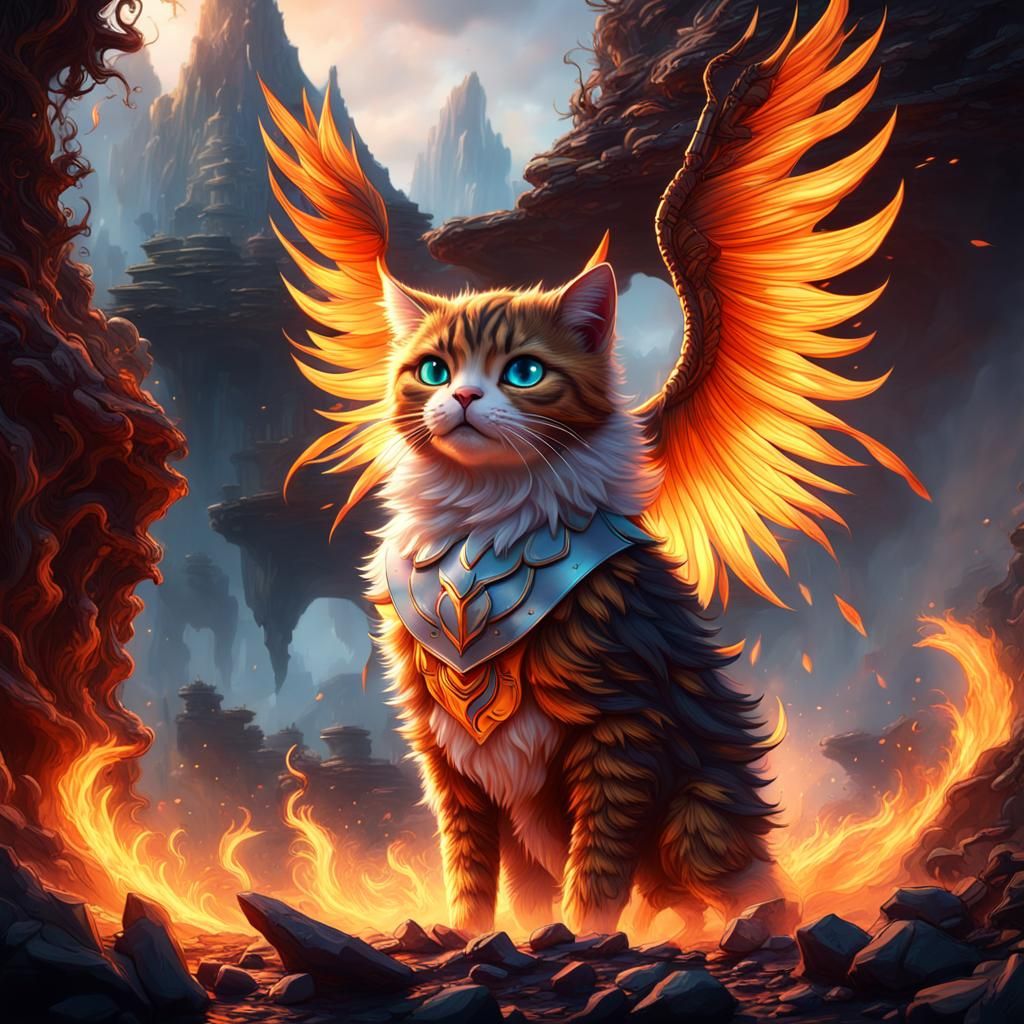 Fiery Phoenix Cat: Detailed Fantasy Concept Art