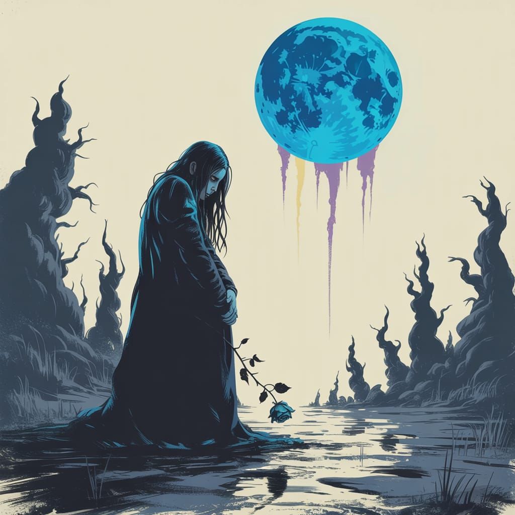 Dark Fantasy Solitary Figure Under Blue Moon