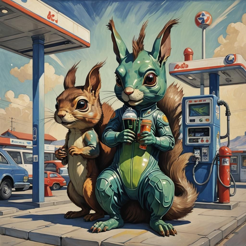 Alien Squirrel at Gas Station in Avant-Garde Style