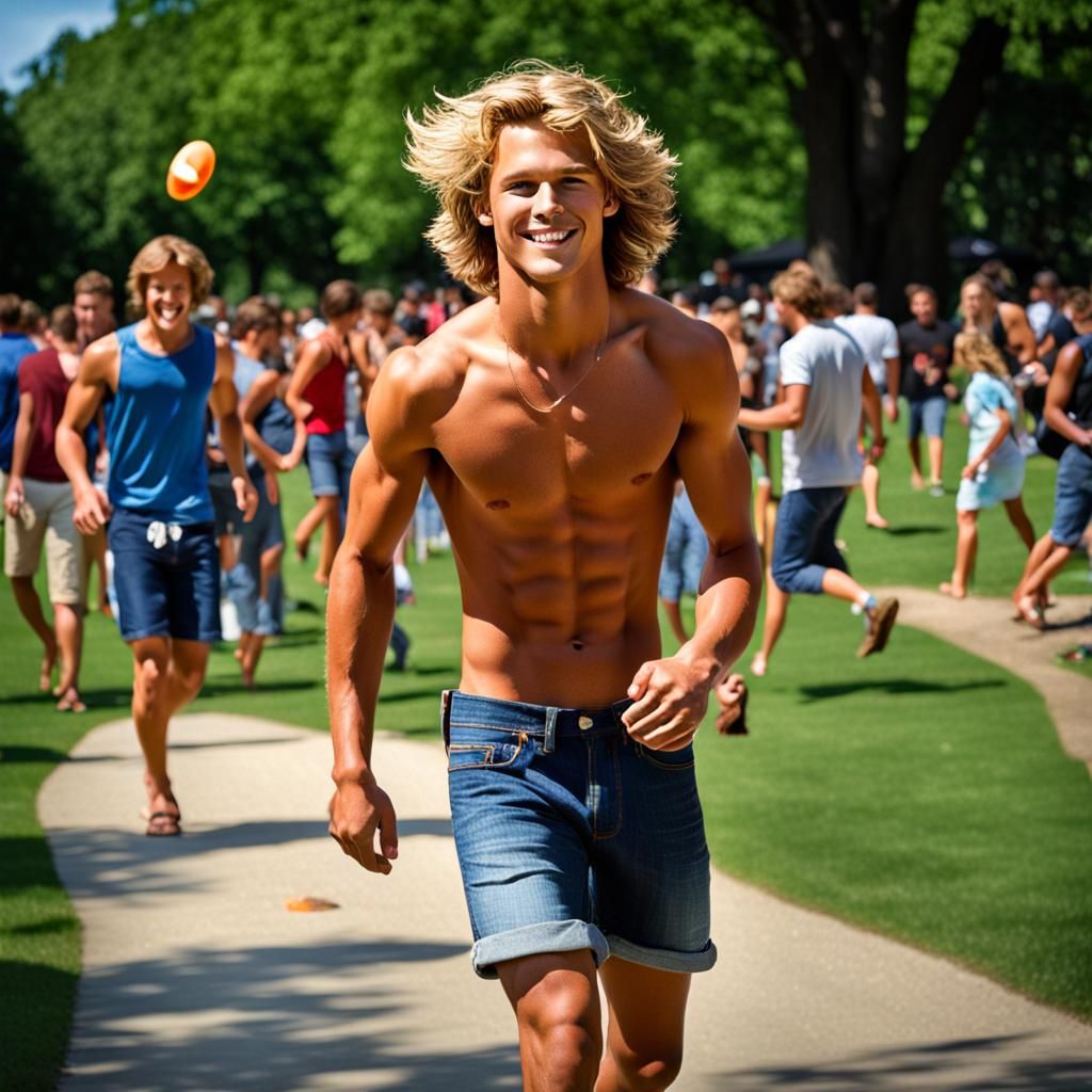 Attractive Blond Man in Short Jeans Walking in Park