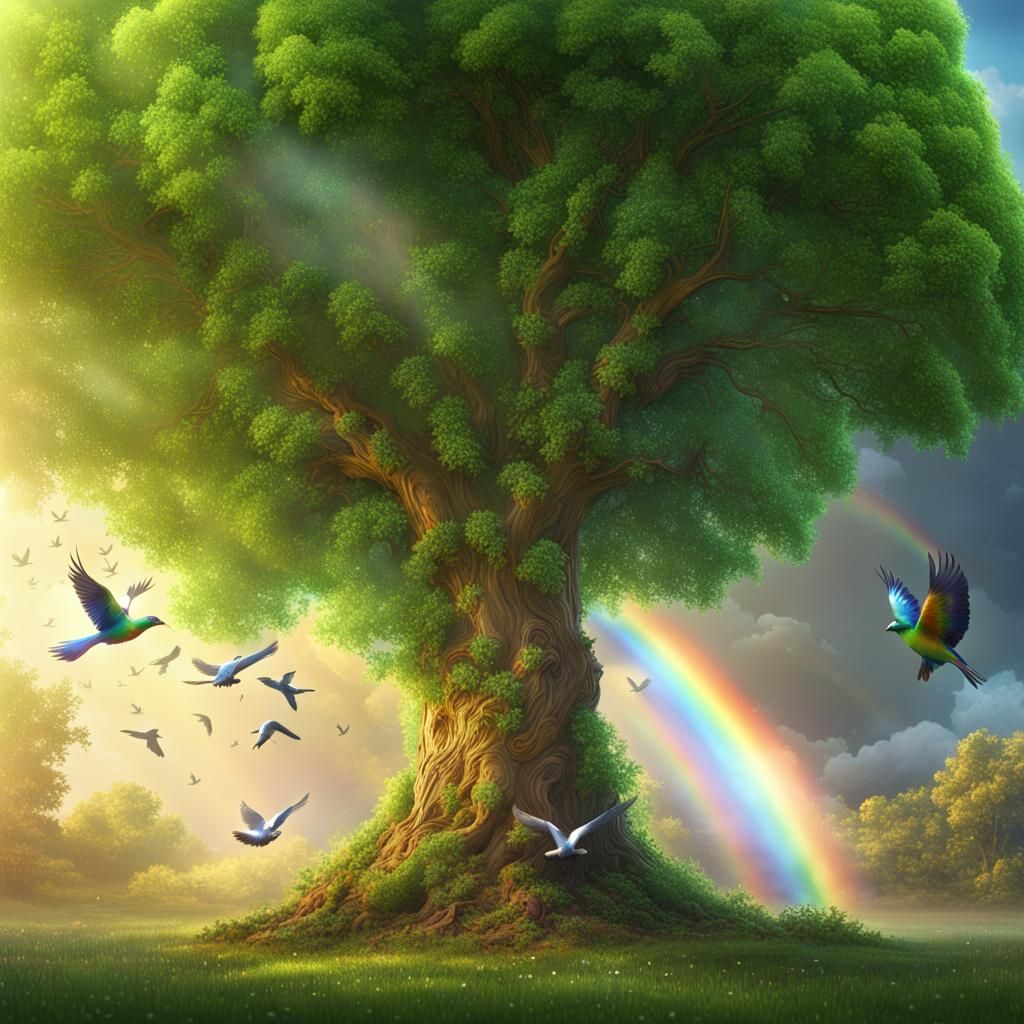 Ornate Tree with Birds and Rainbow, Fantasy Art