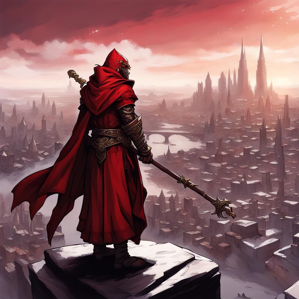 Dragonborn Mage Overlooking a Fantasy City