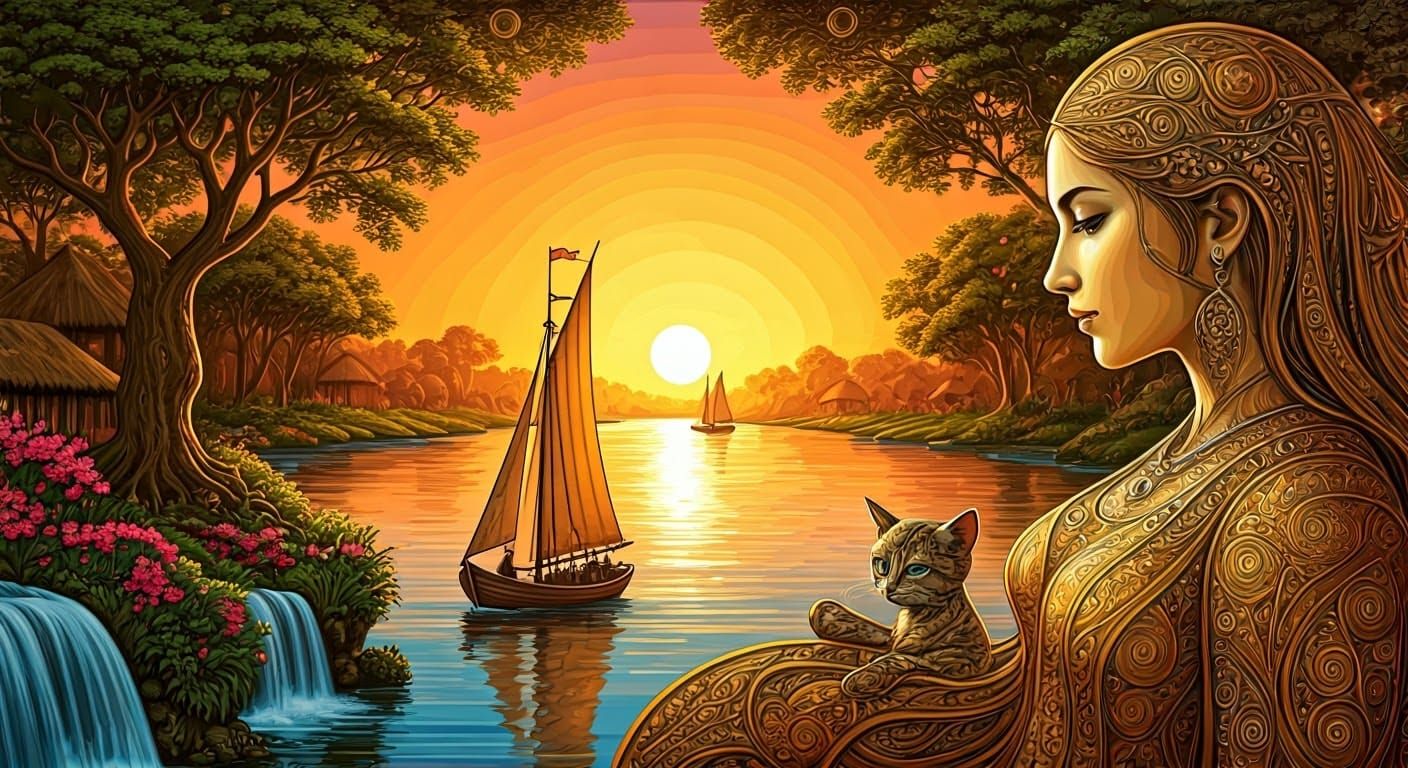 Women and Woman-Cat in Art Brut Sunset