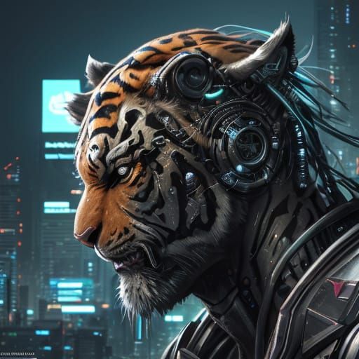 Cyberpunk Tiger in Neon Cityscape