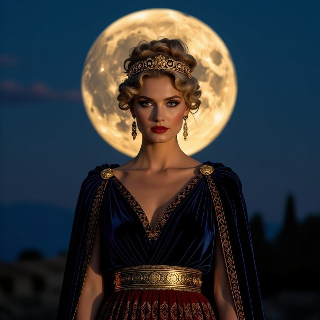 Etruscan Goddess Catha Under Full Moon