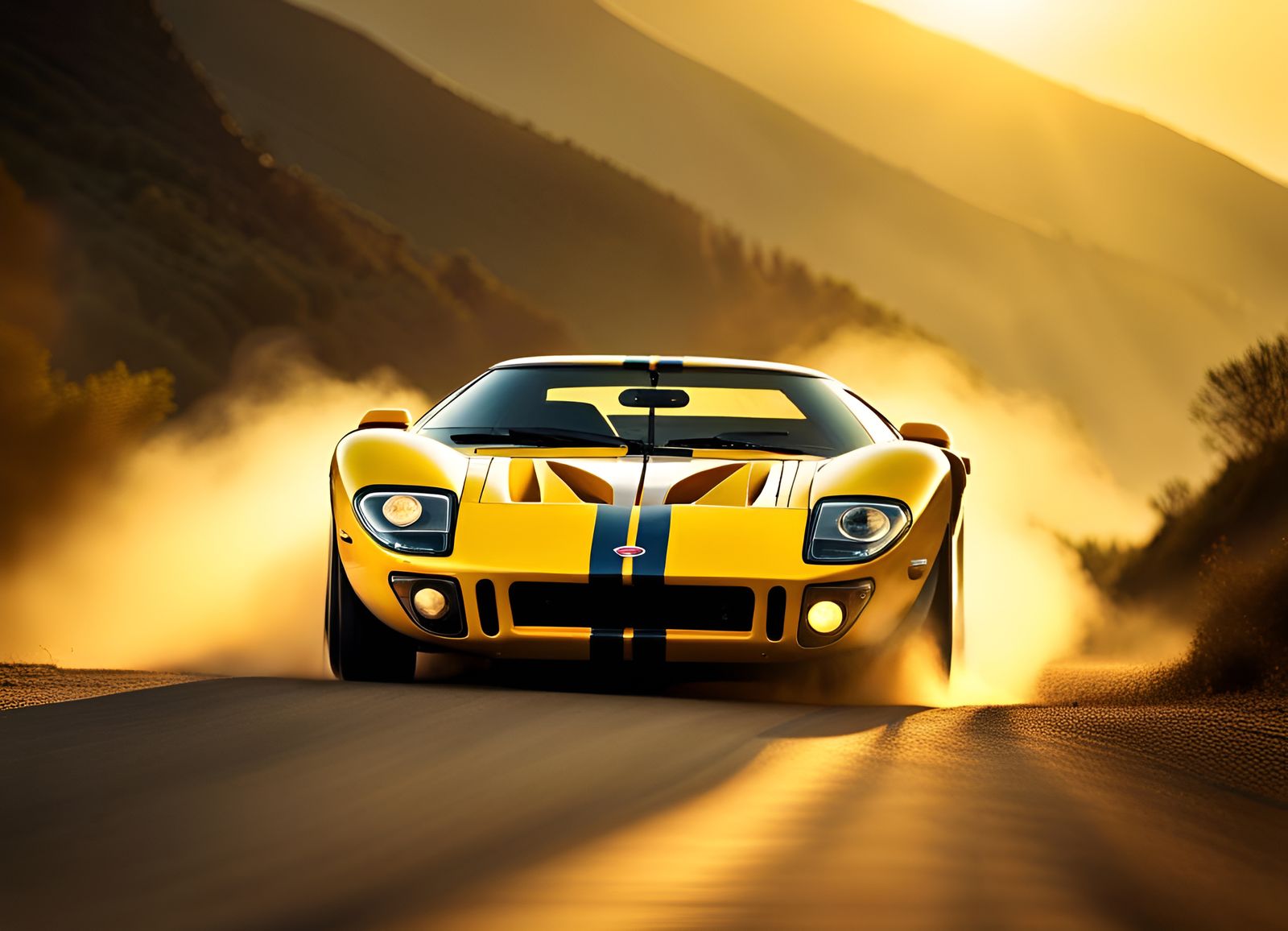 Yellow 1992 Ford GT40 Races Down Mountain Highway