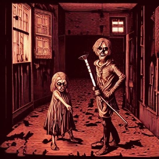 Creepy Haunted House with Children in Woodcut Style