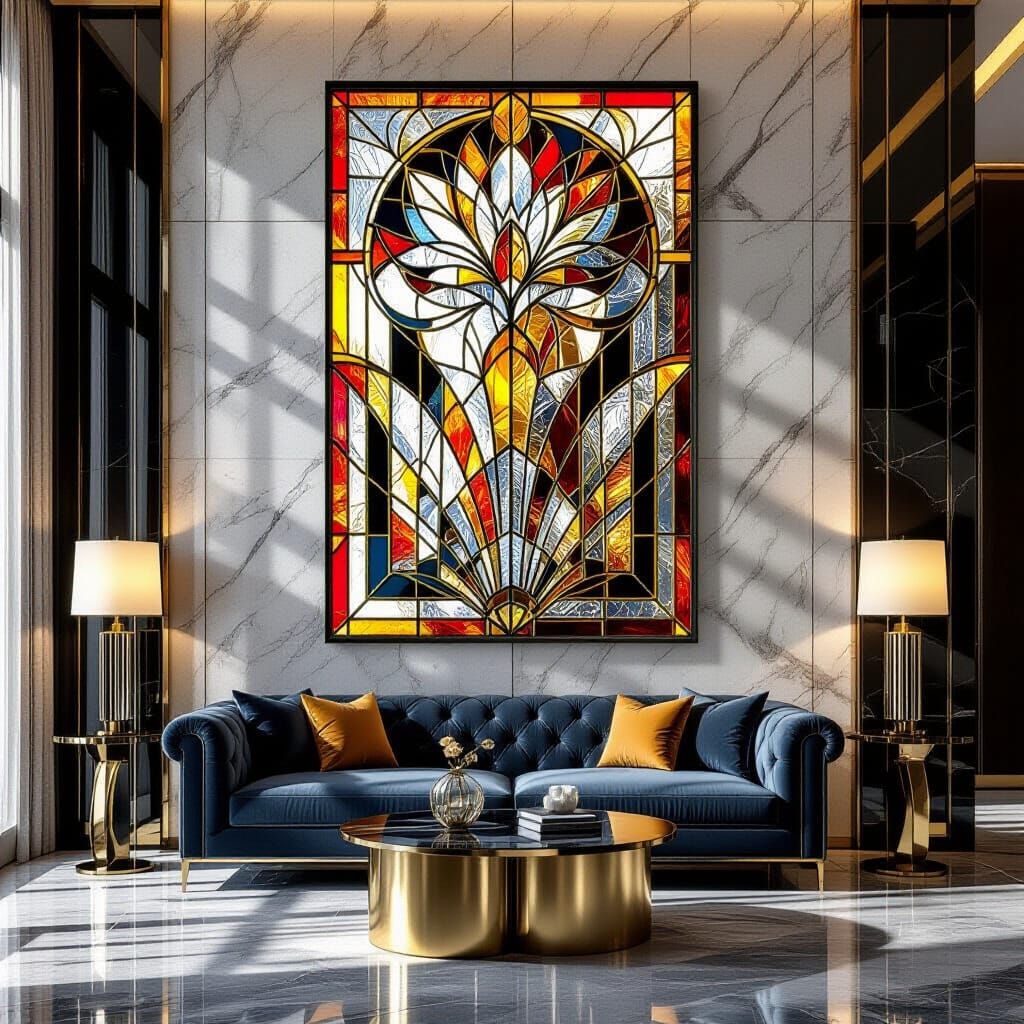 Geometric Art Deco Stained Glass in Luxurious Room