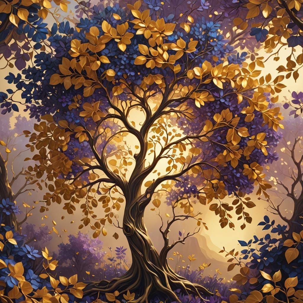 Golden Heart-Shaped Tree in Digital Matte Painting Style