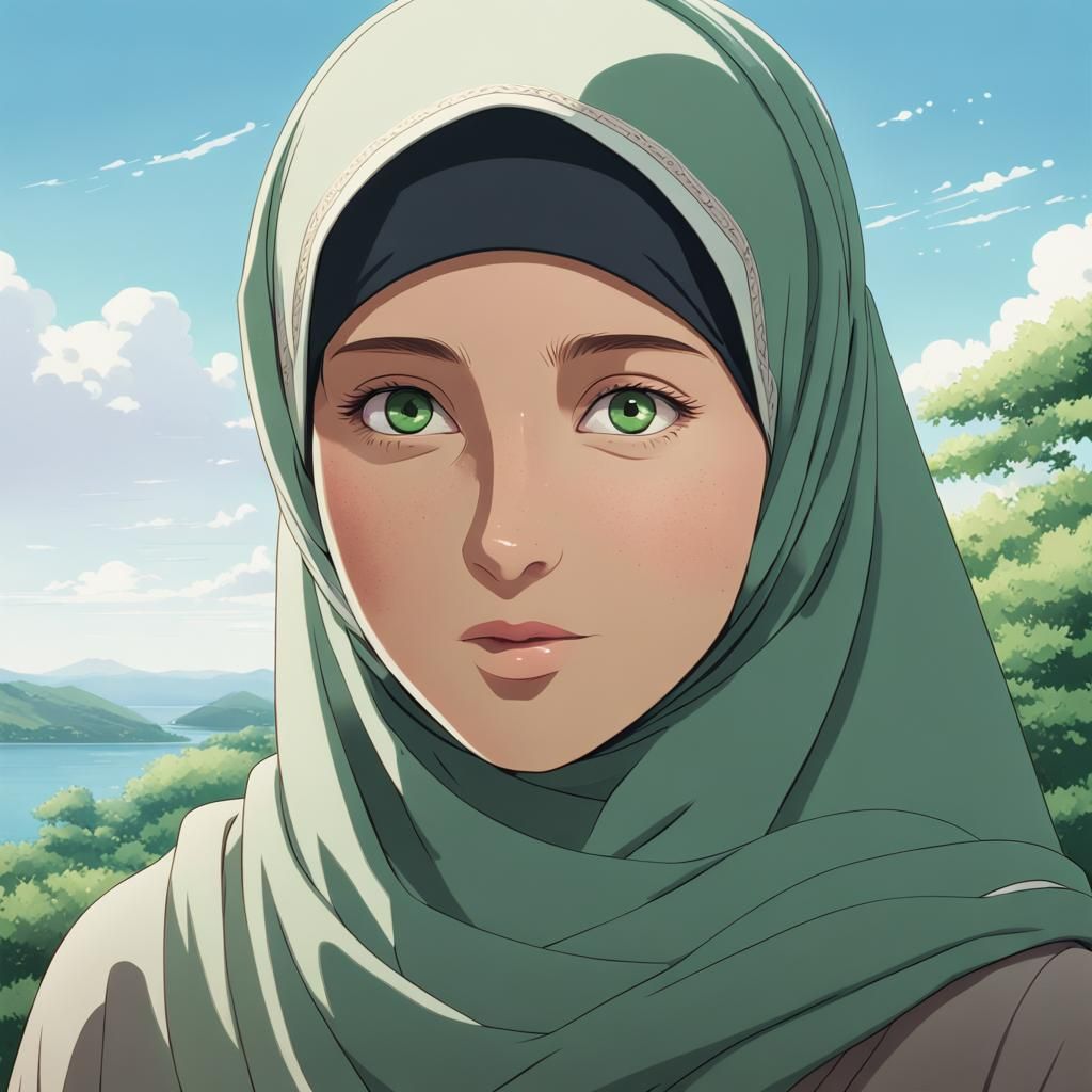 Muslim Woman in Hijab, Ghibli Anime Style