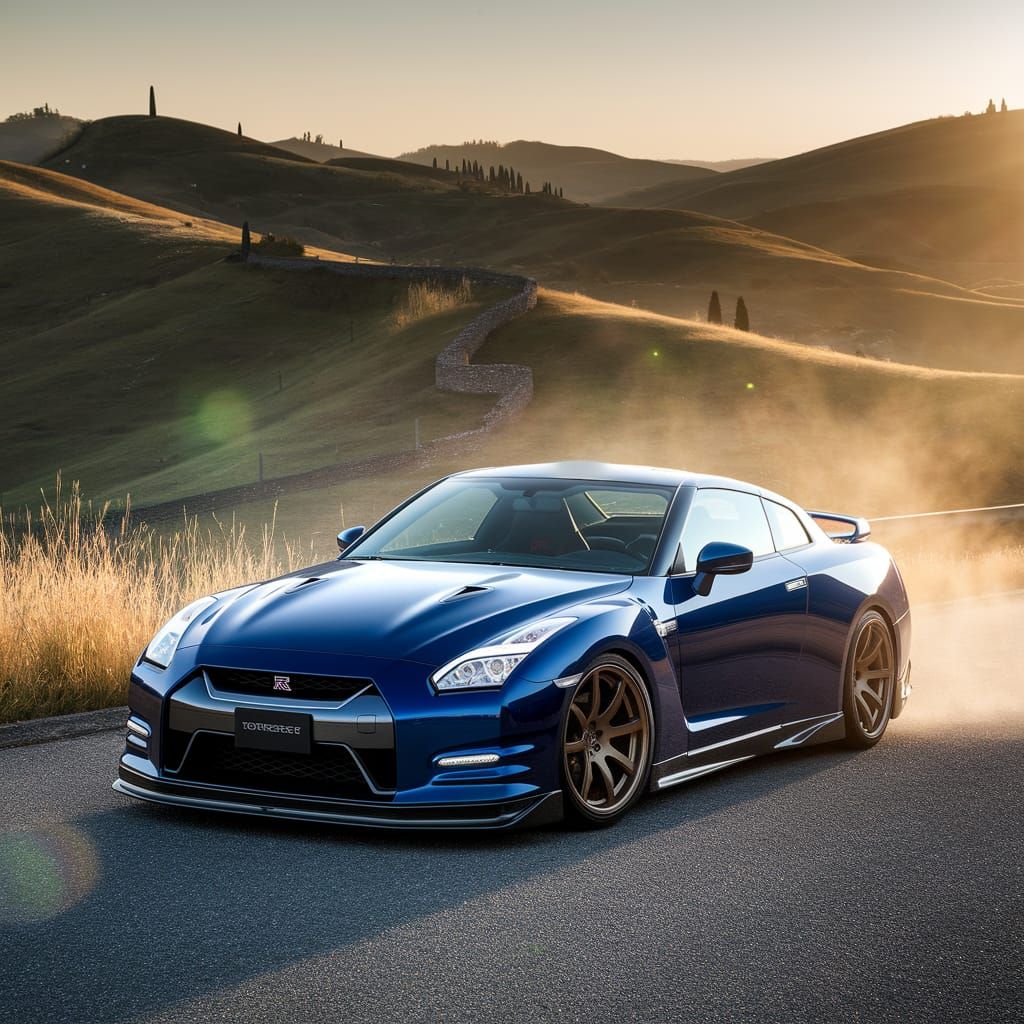 Modified Nissan GTR R35 Topsecret in Tuscany at Sunset