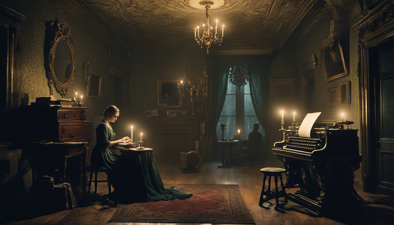 Mina Murray Typing by Candlelight in Victorian Horror Study