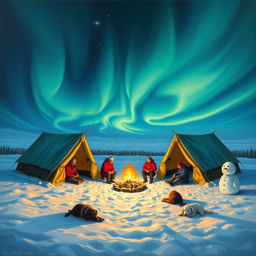 Realistic oil painting. Impasto. Snow in a clearing. Three closed tents lit from inside. Campfire in the middle of the t...