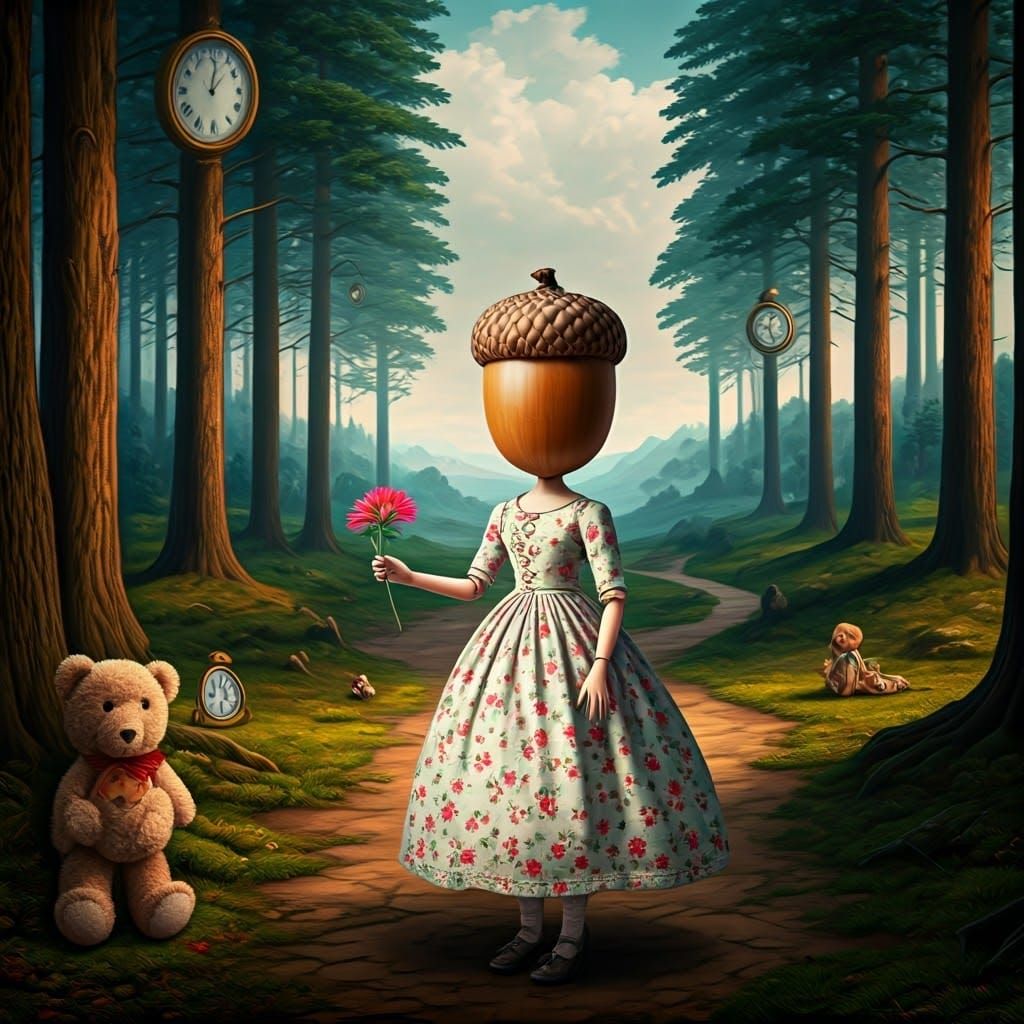 Acorn Doll in Dreamscape, Surrealist Oil Painting