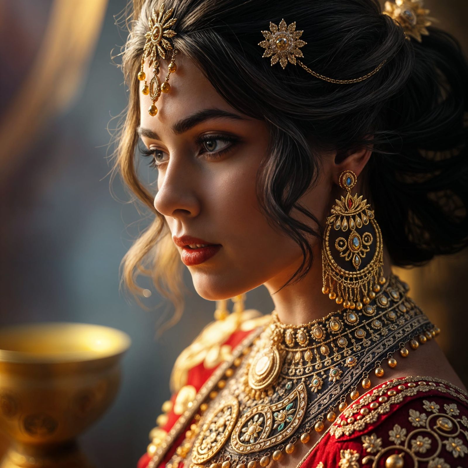 Woman with Gold Jewelry: Hyperrealistic Splash Art Portrait