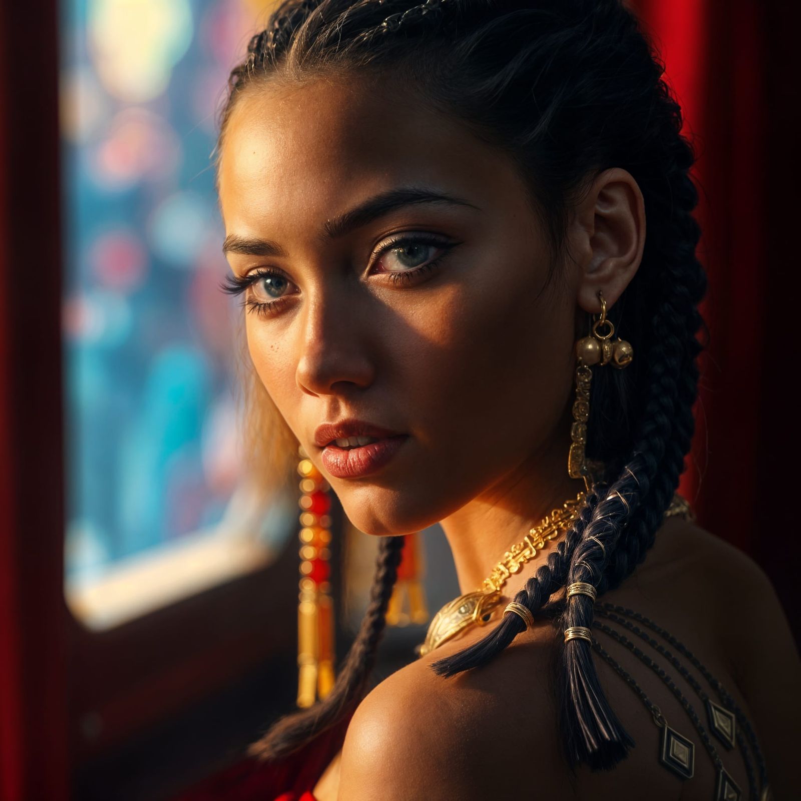 Woman with Gold Jewelry: Hyperrealistic Splash Art Portrait