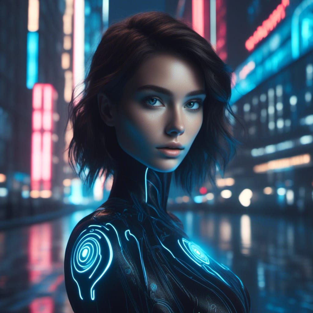 Brunette Female TRON style citizen in digital city. Black with glowing blue <lora:Gridrunners v1:1.0>