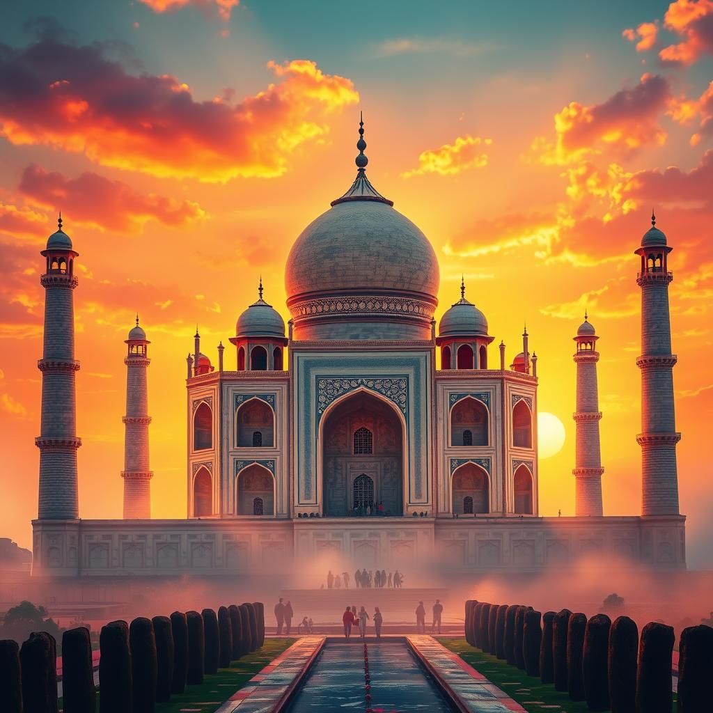 Taj Mahal at Sunset in Hyperrealistic Splash Art