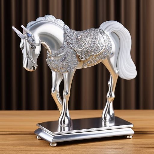 Brilliant Silver Glass Unicorn Statue Reflected