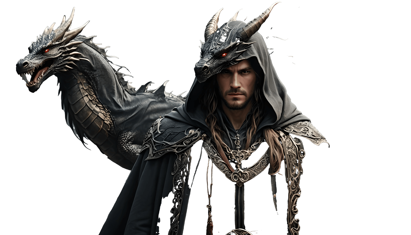 Hooded Man with Dragon in Fantasy Realism
