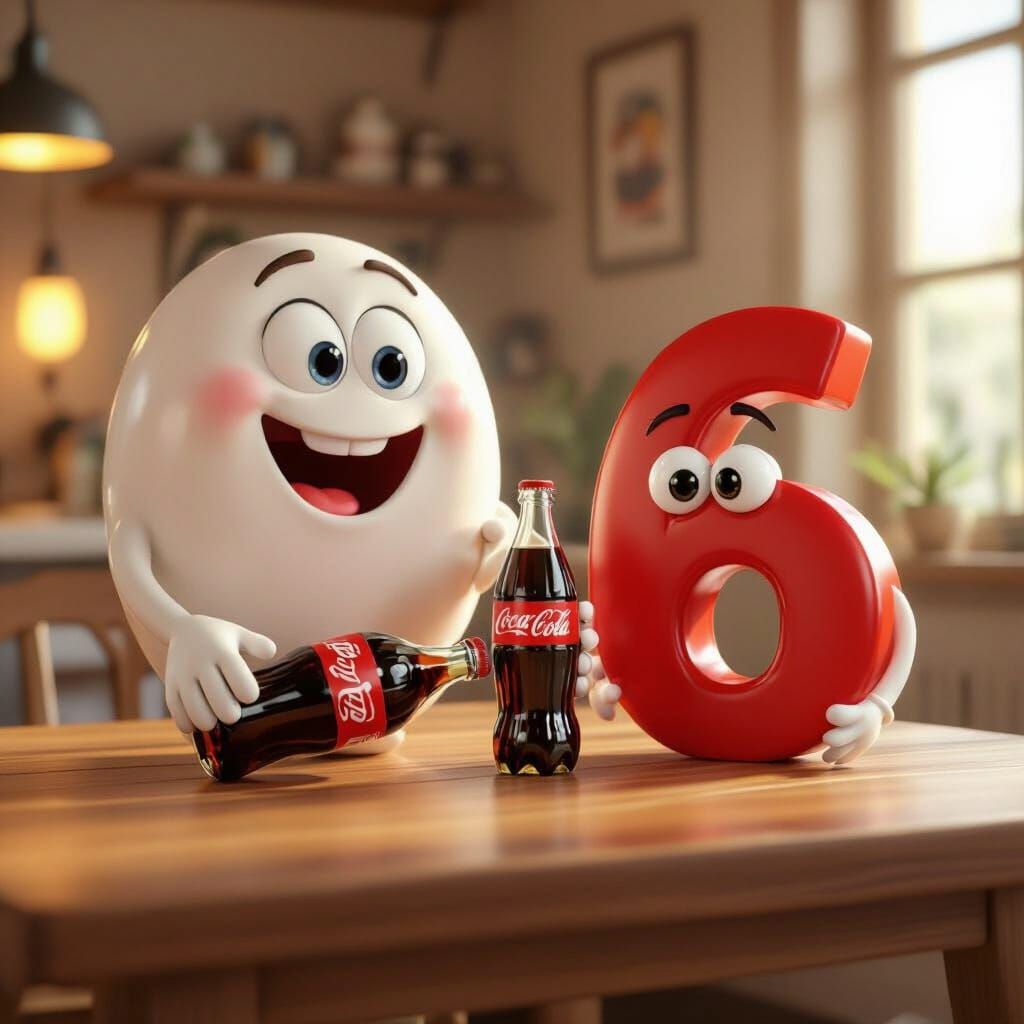 Happy Number 6 Receives Coca-Cola from Number 0 in 3D Cartoo...