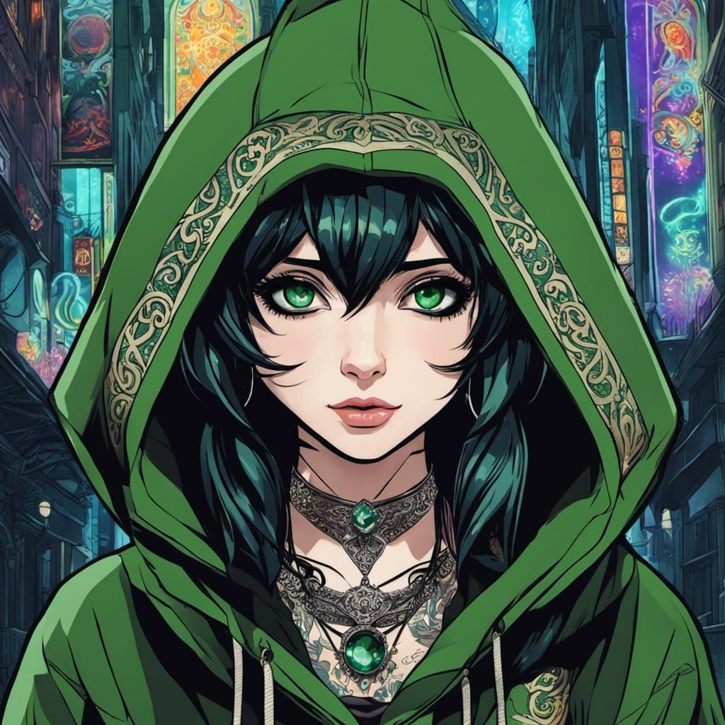 Anime Goth Girl Portrait with Emerald Eyes