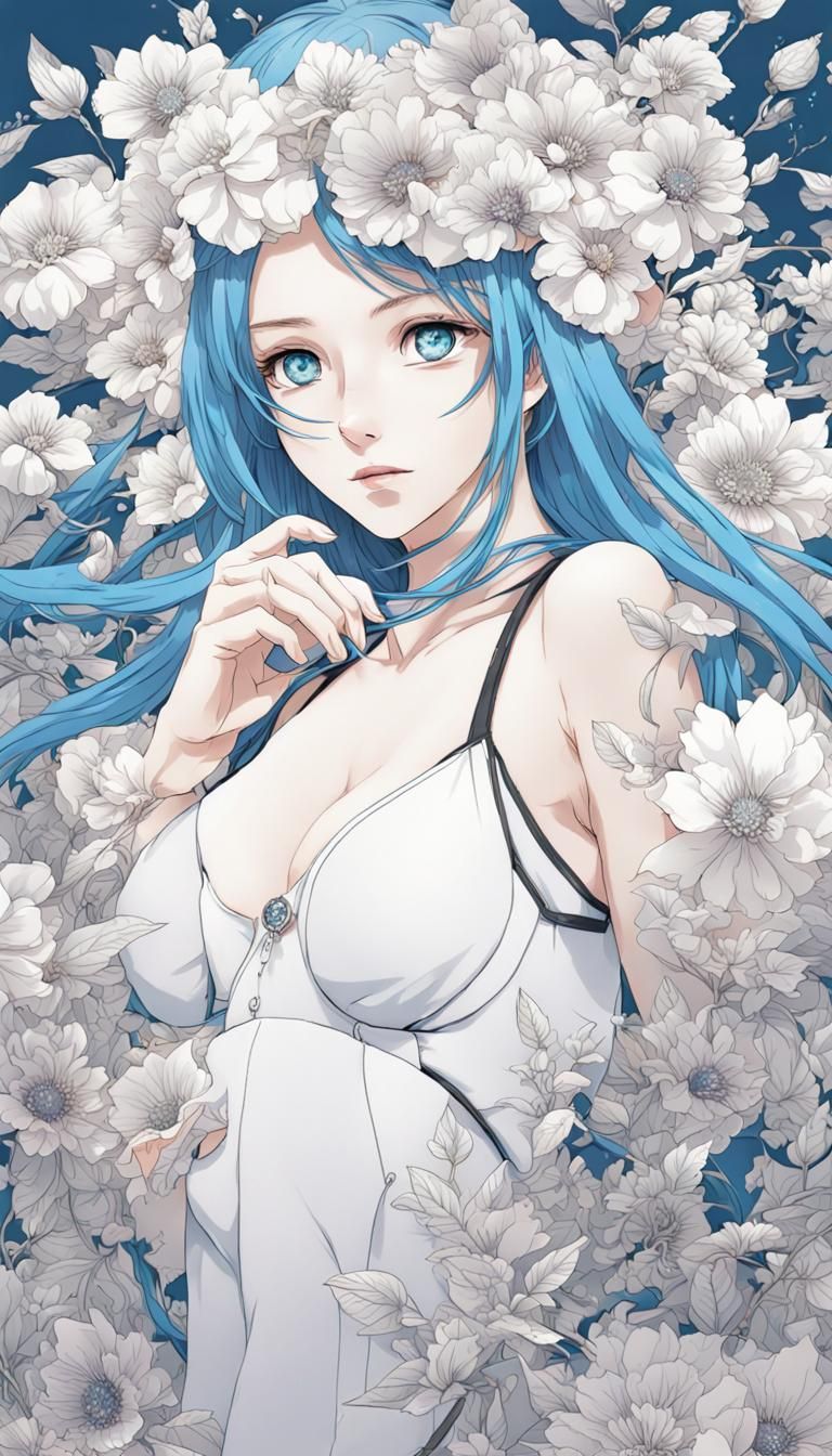 Blooming Woman with Metallic Flowers, Anime Line Art