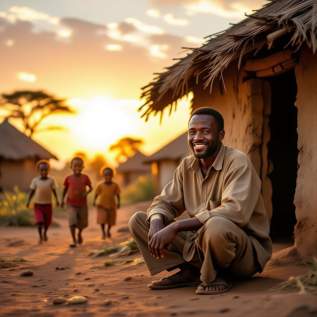 African Village Sunrise with Smiling Man and Children