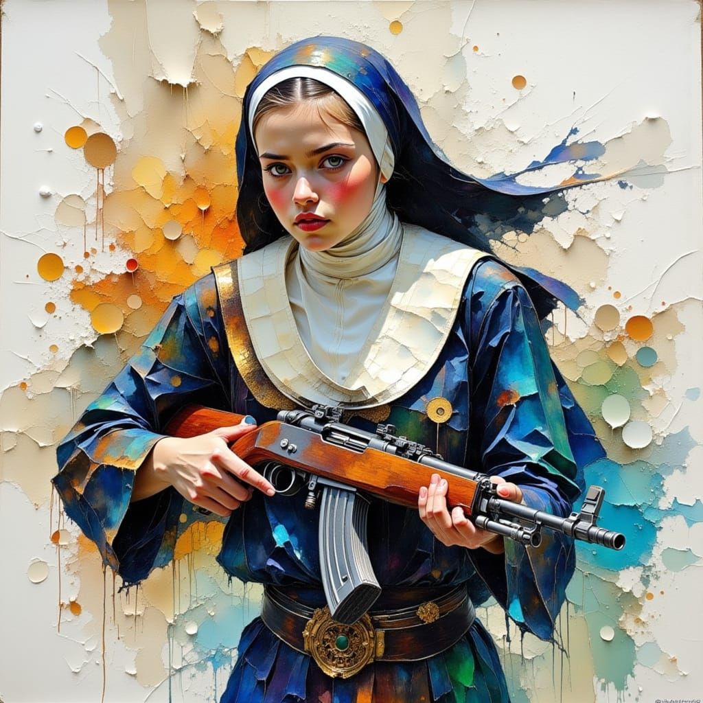 Hyperrealistic Nun Assassin with Rifle in Oil Painting Style