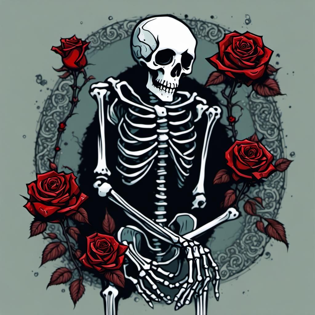 High Gothic Skeleton with Roses in Dark Comic Style