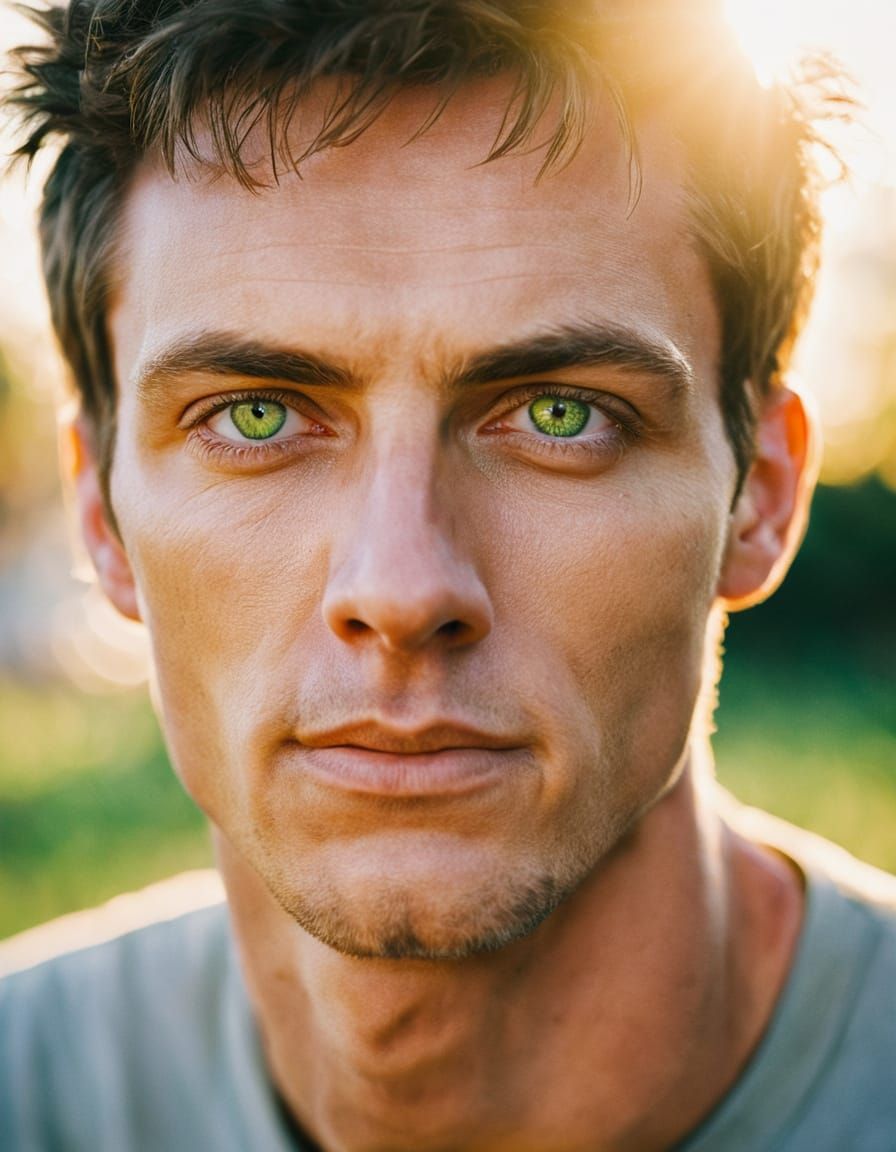 Man's Green Eyes in Golden Hour Sunlight