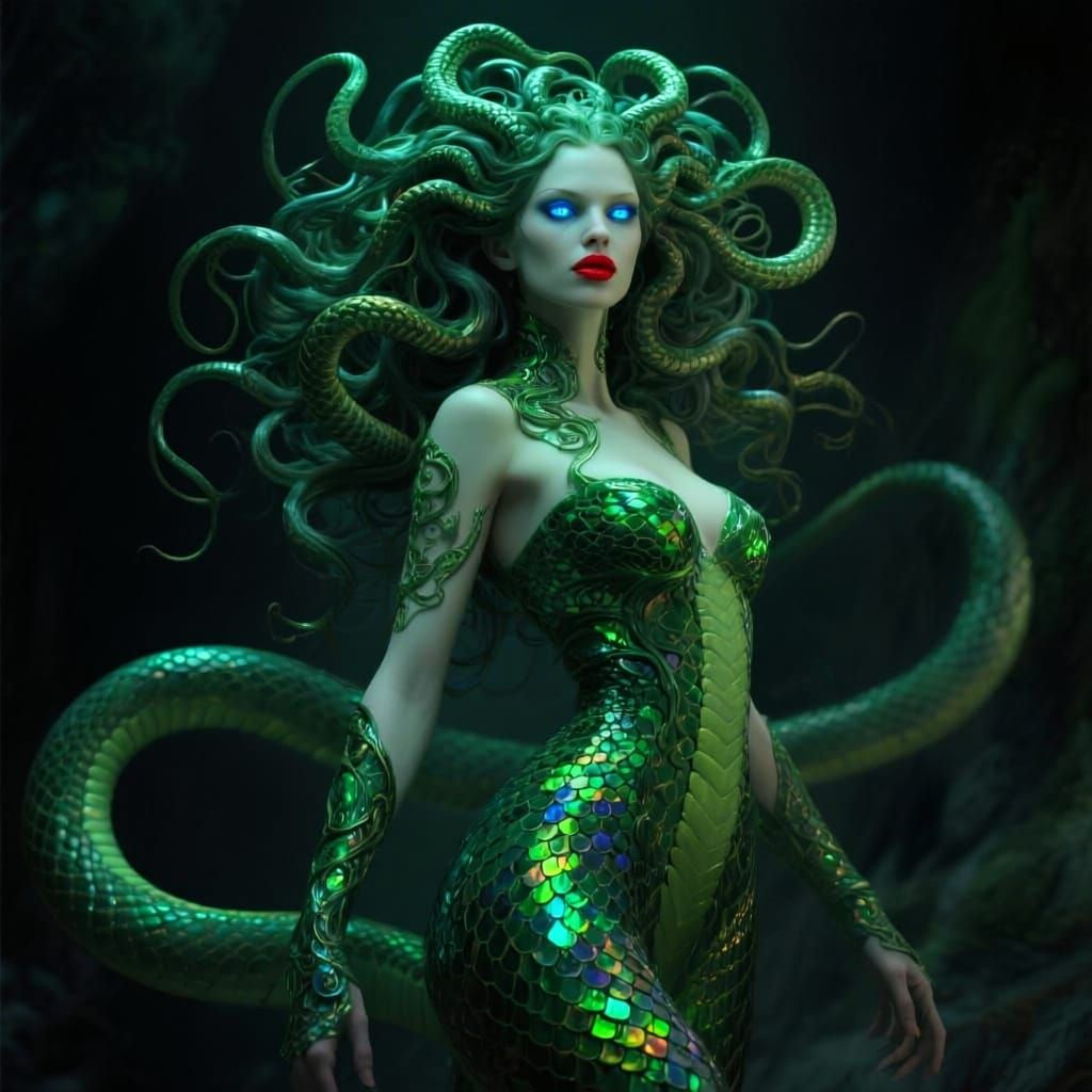 Medusa with Snake Hair and Glowing Blue Eyes