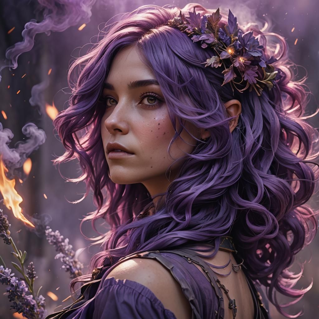 Purple Haired Woman in Fire Smoke, Alphonse Mucha Style