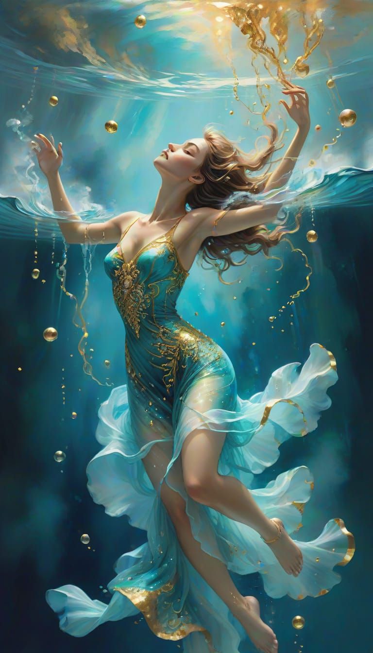 Woman Diving in Turquoise Water as Alcohol Ink Painting