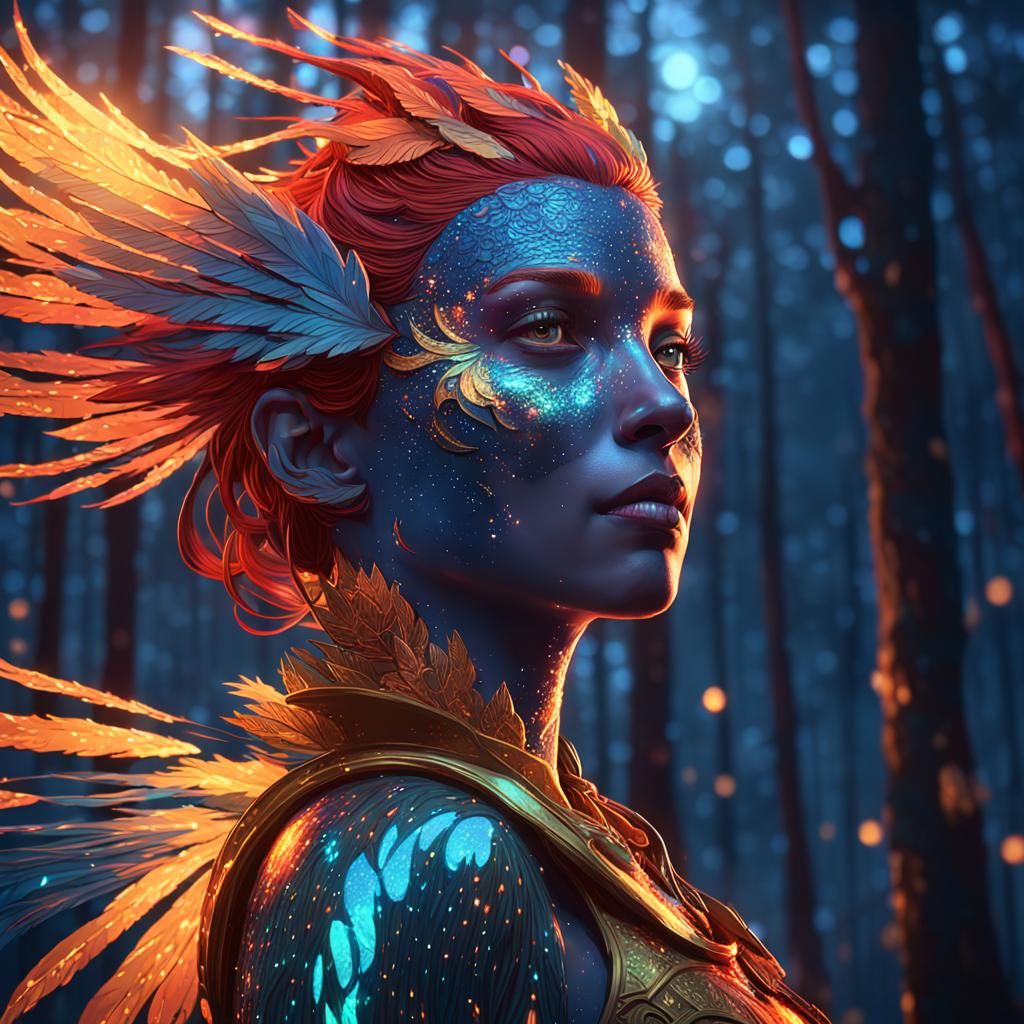 Fire Bird Portrait in Sparkling Forest, Hyperdetailed Art