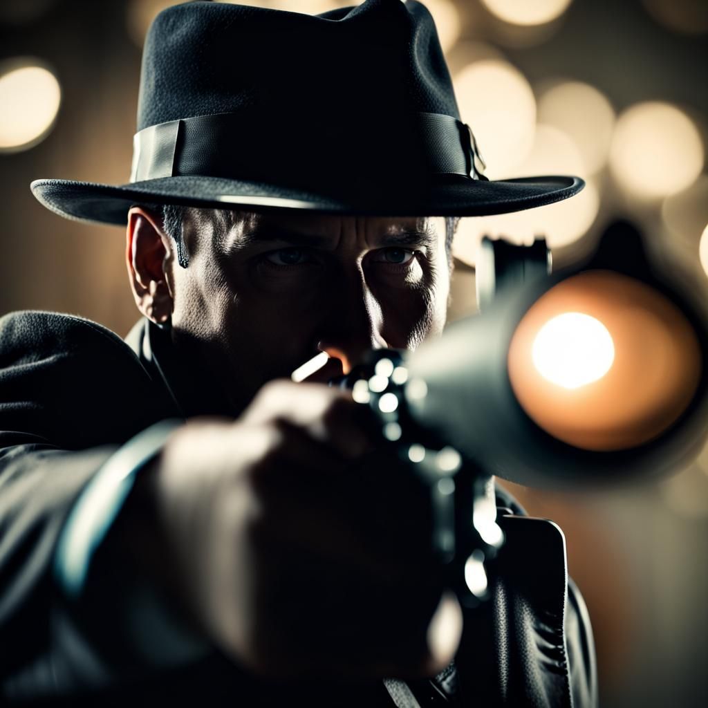 Noir Investigator Aims Pistol in Detailed Close-Up