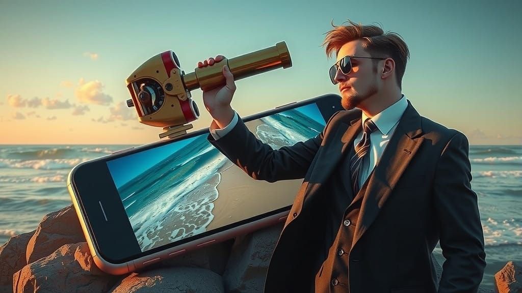 Elegant Man Contemplates Futuristic Vision Through Telescope