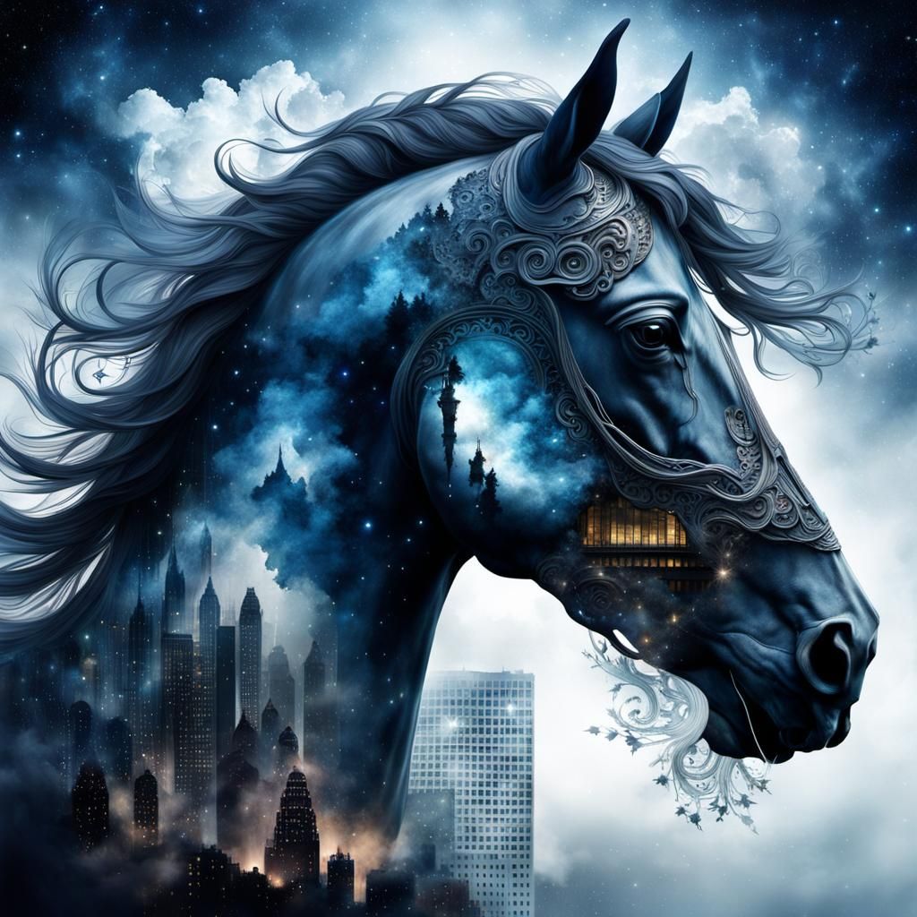Galaxy Horse Silhouette with Fractal Buildings