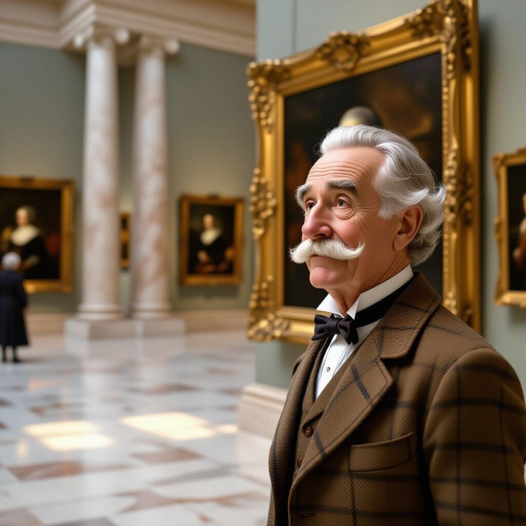 Elderly Man Views Vermeer Masterpiece in Pixar Style