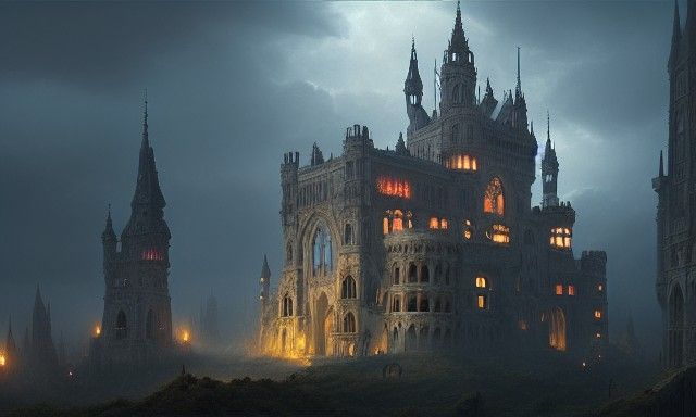 Airborne Gothic Castle with Volumetric Lighting