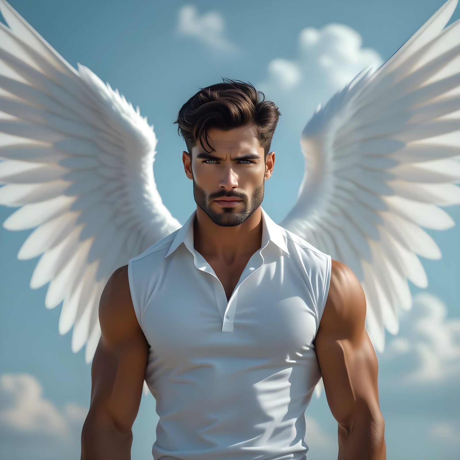 Ethereal Man with Angel Wings in Cloudy Sky