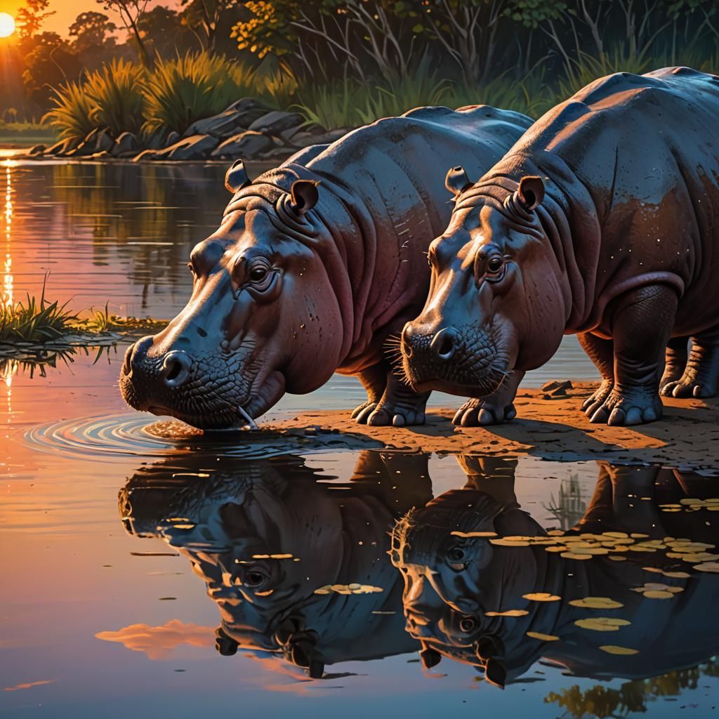 Hyperrealistic Hippos at Sunset by Lake