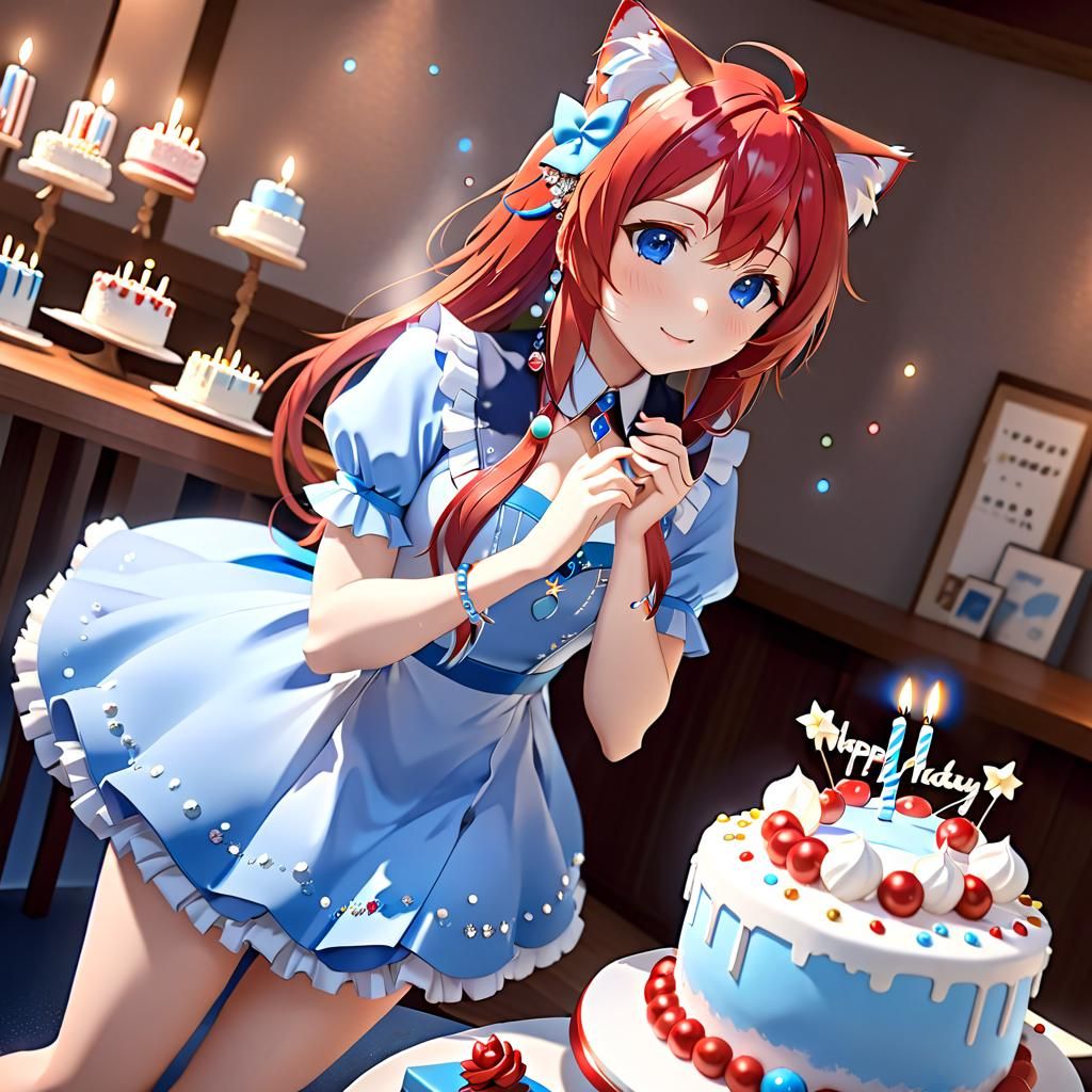 Anime Catgirl Birthday Celebration in 3D Style