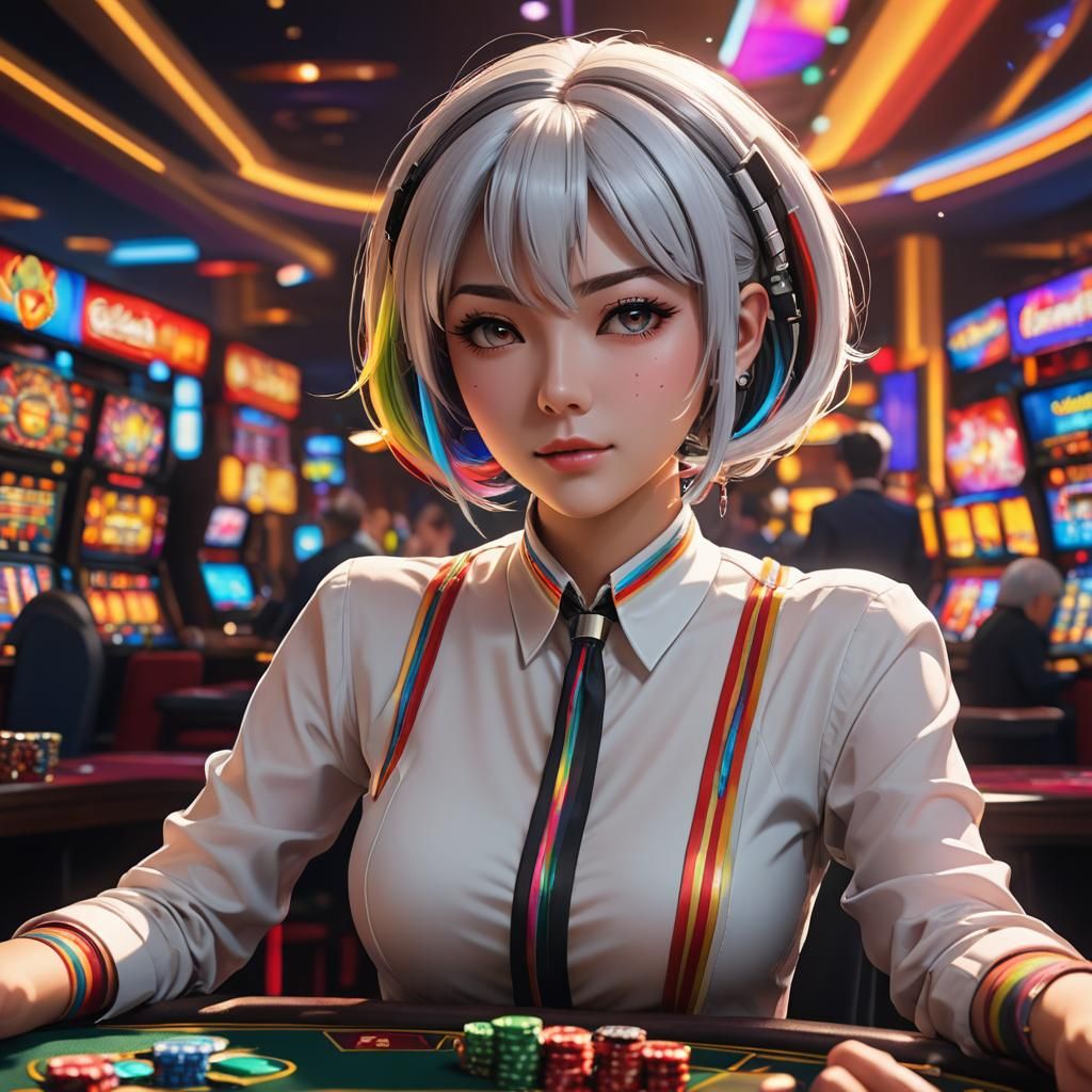 Anime Style Casino Dealer with Neon Highlights