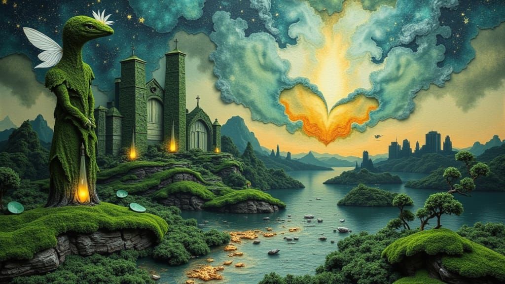 Alien City at Dusk: Mixed Media Collage