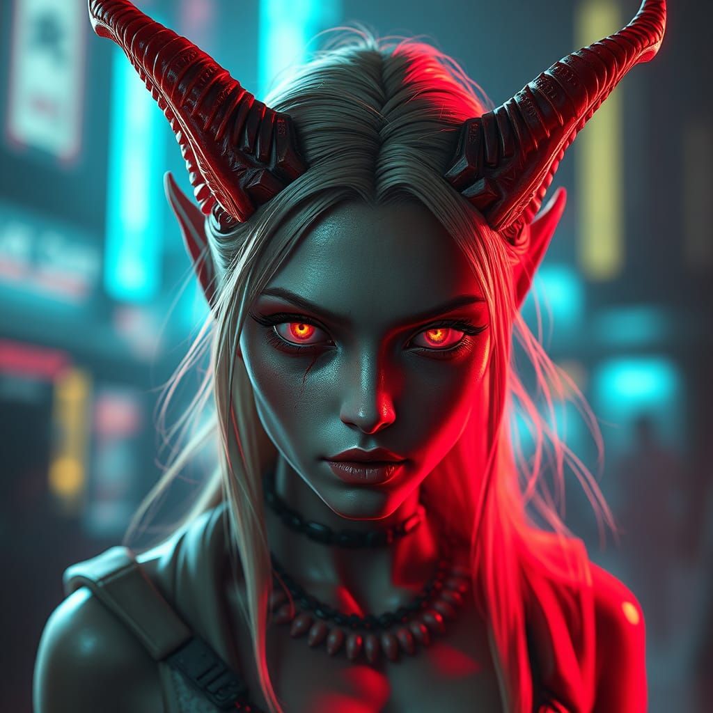 Cyberpunk Elf with Horns and Neon Eyes