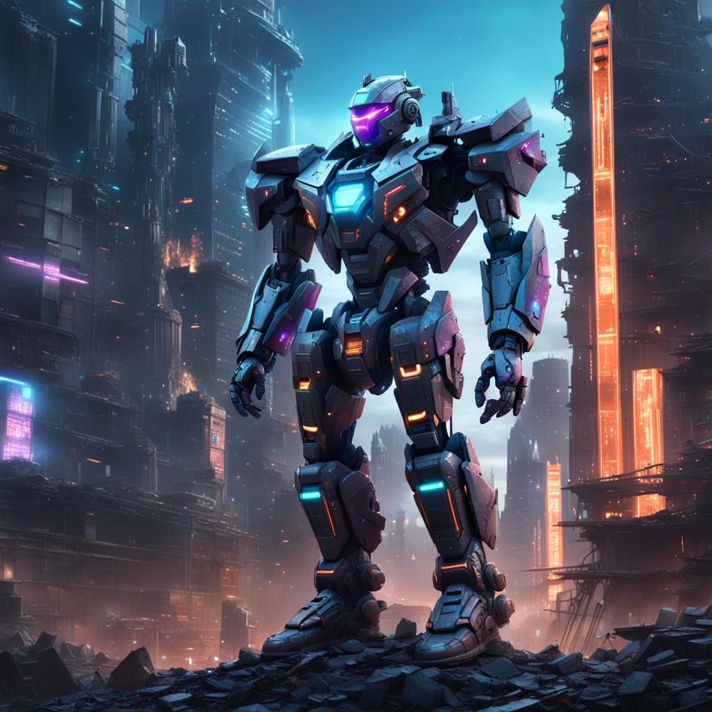 Futuristic Mecha Warrior in Ruined Cityscape