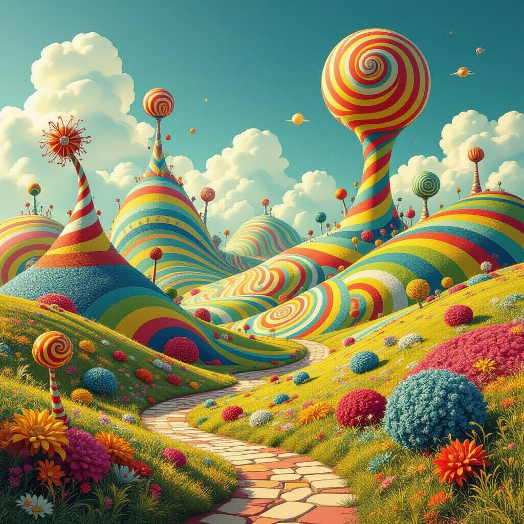 Hyperrealistic Dr. Seuss World with Undulating Hills